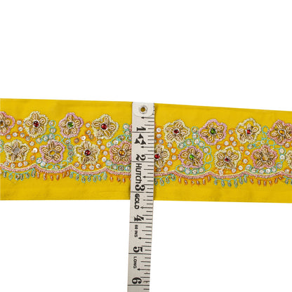 Sanskriti Vintage Hand Embroidered 1 Yd Sari Border Pure Crepe Yellow Craft Lace