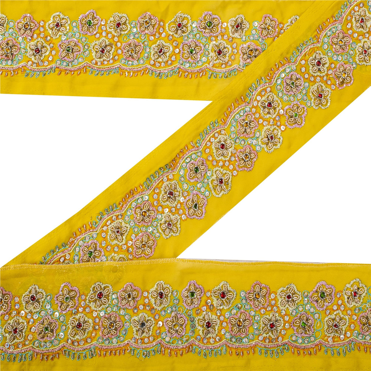 Sanskriti Vintage Hand Embroidered 1 Yd Sari Border Pure Crepe Yellow Craft Lace
