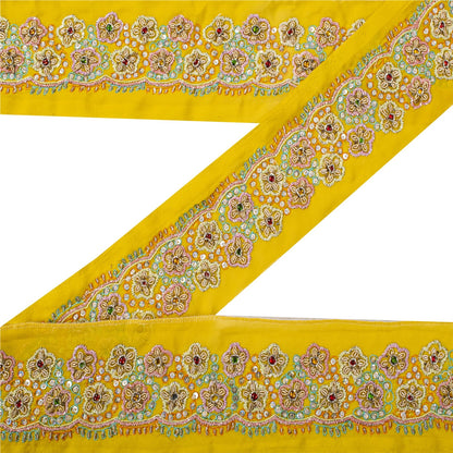 Sanskriti Vintage Hand Embroidered 1 Yd Sari Border Pure Crepe Yellow Craft Lace