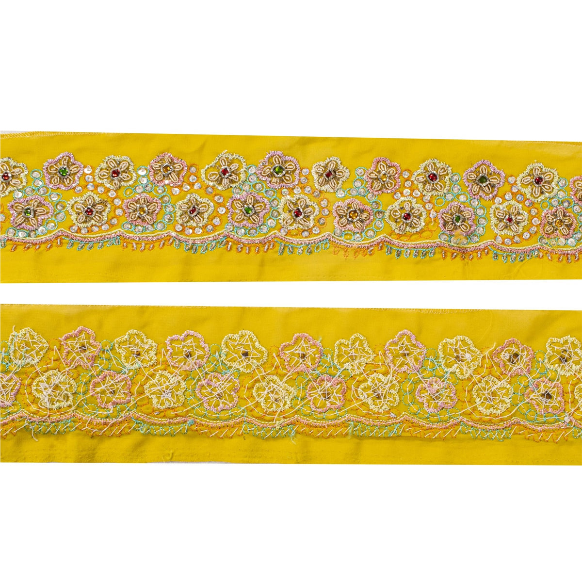 Sanskriti Vintage Hand Embroidered 1 Yd Sari Border Pure Crepe Yellow Craft Lace