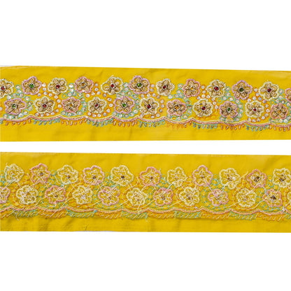 Sanskriti Vintage Hand Embroidered 1 Yd Sari Border Pure Crepe Yellow Craft Lace