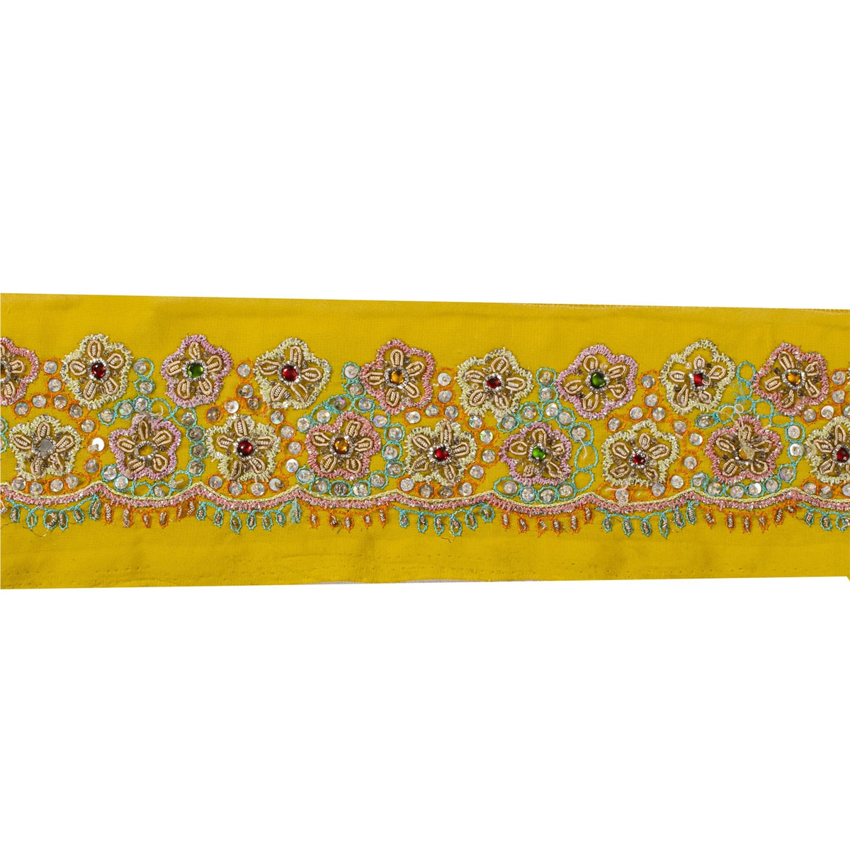 Sanskriti Vintage Hand Embroidered 1 Yd Sari Border Pure Crepe Yellow Craft Lace