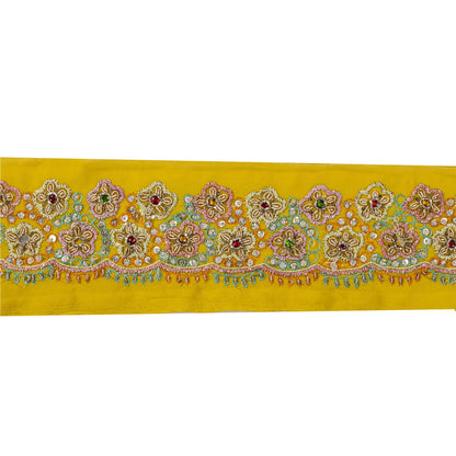 Sanskriti Vintage Hand Embroidered 1 Yd Sari Border Pure Crepe Yellow Craft Lace