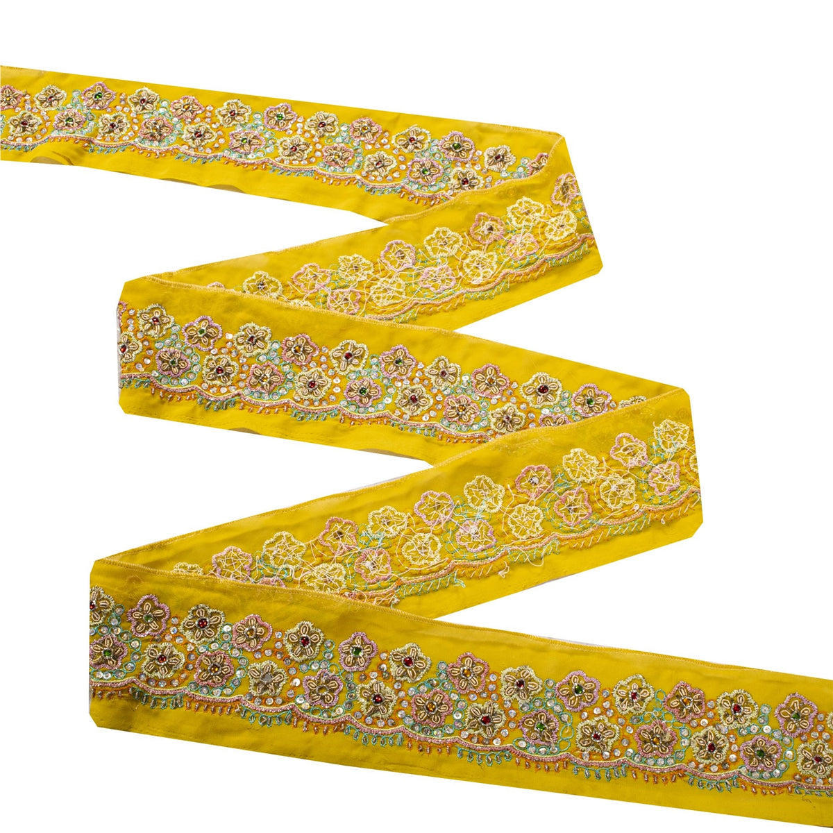 Sanskriti Vintage Hand Embroidered 1 Yd Sari Border Pure Crepe Yellow Craft Lace
