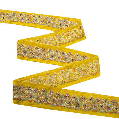 Sanskriti Vintage Hand Embroidered 1 Yd Sari Border Pure Crepe Yellow Craft Lace
