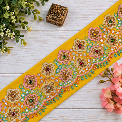 Sanskriti Vintage Hand Embroidered 1 Yd Sari Border Pure Crepe Yellow Craft Lace
