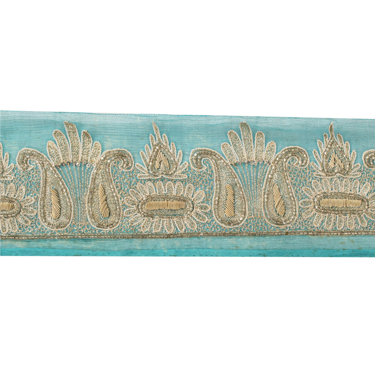 Sanskriti Vintage Hand Embroidered 1 Yd Sari Border Pure Chifon Blue Craft Lace