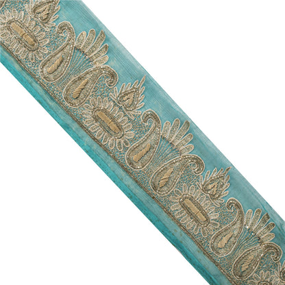 Sanskriti Vintage Hand Embroidered 1 Yd Sari Border Pure Chifon Blue Craft Lace