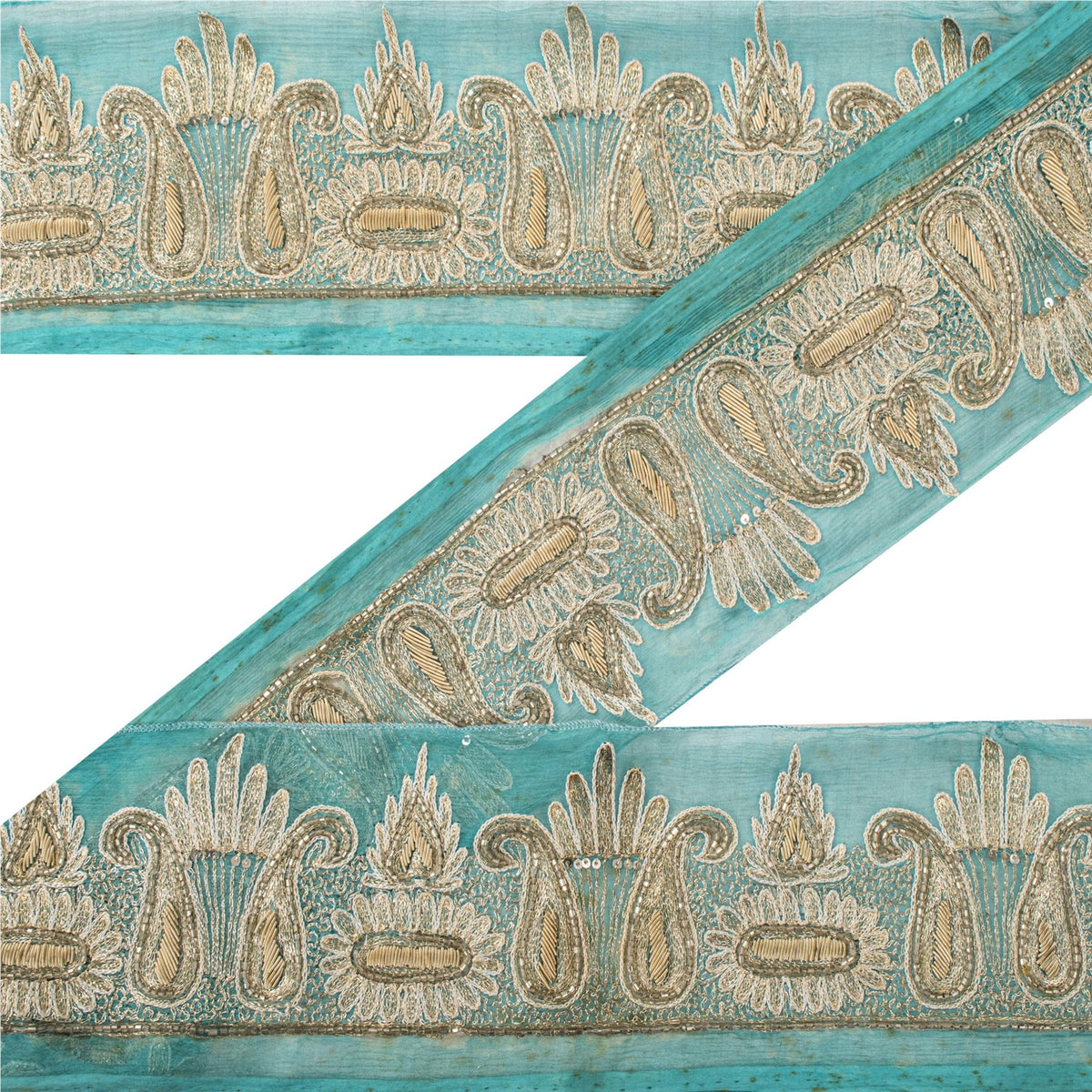 Sanskriti Vintage Hand Embroidered 1 Yd Sari Border Pure Chifon Blue Craft Lace