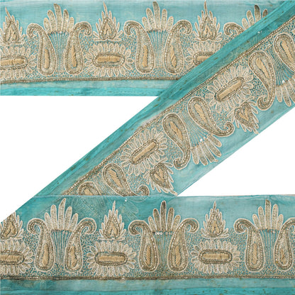 Sanskriti Vintage Hand Embroidered 1 Yd Sari Border Pure Chifon Blue Craft Lace