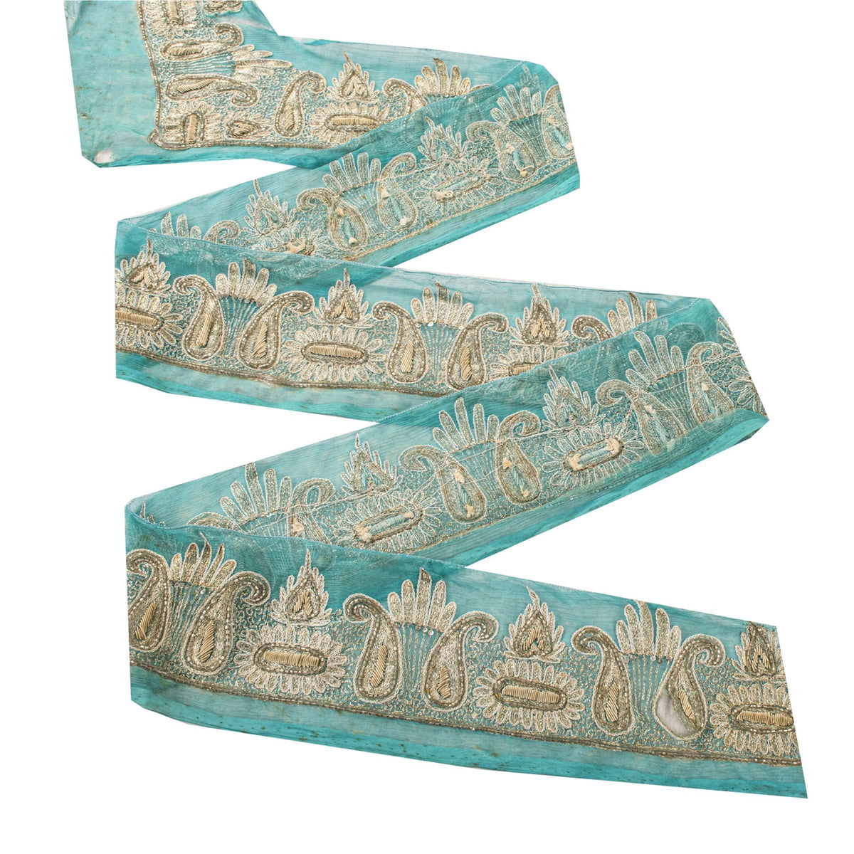 Sanskriti Vintage Hand Embroidered 1 Yd Sari Border Pure Chifon Blue Craft Lace