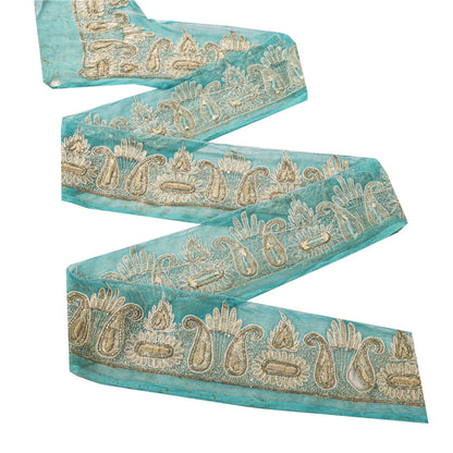 Sanskriti Vintage Hand Embroidered 1 Yd Sari Border Pure Chifon Blue Craft Lace