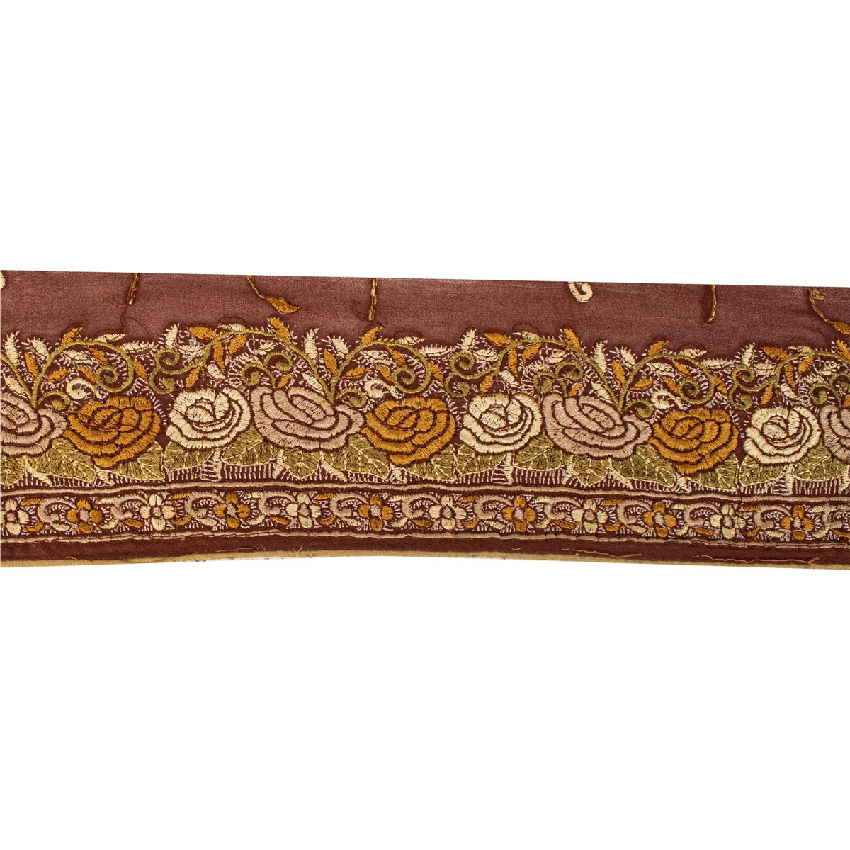 Sanskriti Vintage Embroidered 1 Yd Sari Border Pure Silk Trim Brown Lace Ribbon