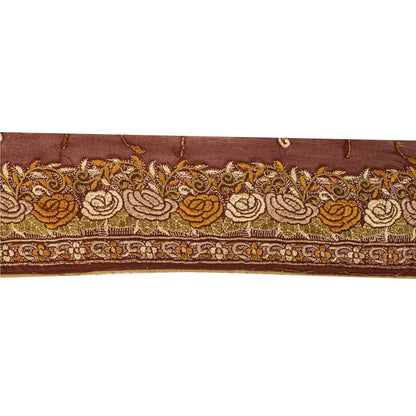 Sanskriti Vintage Embroidered 1 Yd Sari Border Pure Silk Trim Brown Lace Ribbon