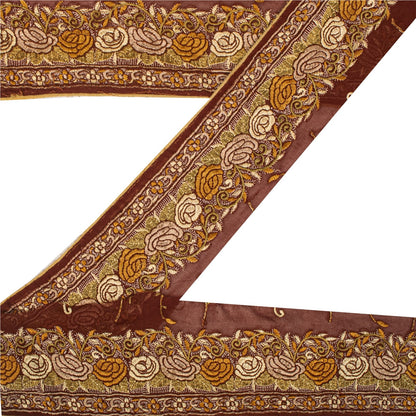 Sanskriti Vintage Embroidered 1 Yd Sari Border Pure Silk Trim Brown Lace Ribbon