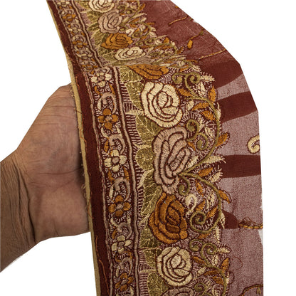Sanskriti Vintage Embroidered 1 Yd Sari Border Pure Silk Trim Brown Lace Ribbon