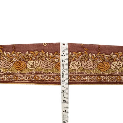 Sanskriti Vintage Embroidered 1 Yd Sari Border Pure Silk Trim Brown Lace Ribbon