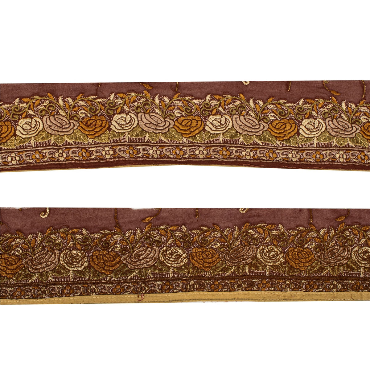 Sanskriti Vintage Embroidered 1 Yd Sari Border Pure Silk Trim Brown Lace Ribbon