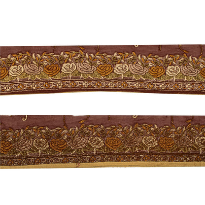 Sanskriti Vintage Embroidered 1 Yd Sari Border Pure Silk Trim Brown Lace Ribbon