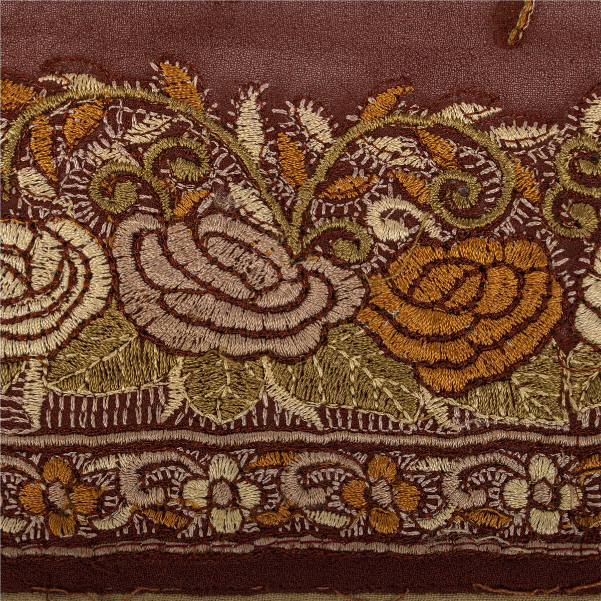 Sanskriti Vintage Embroidered 1 Yd Sari Border Pure Silk Trim Brown Lace Ribbon