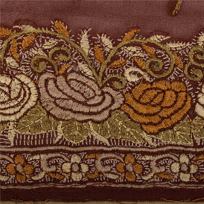 Sanskriti Vintage Embroidered 1 Yd Sari Border Pure Silk Trim Brown Lace Ribbon