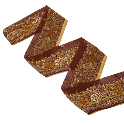 Sanskriti Vintage Embroidered 1 Yd Sari Border Pure Silk Trim Brown Lace Ribbon