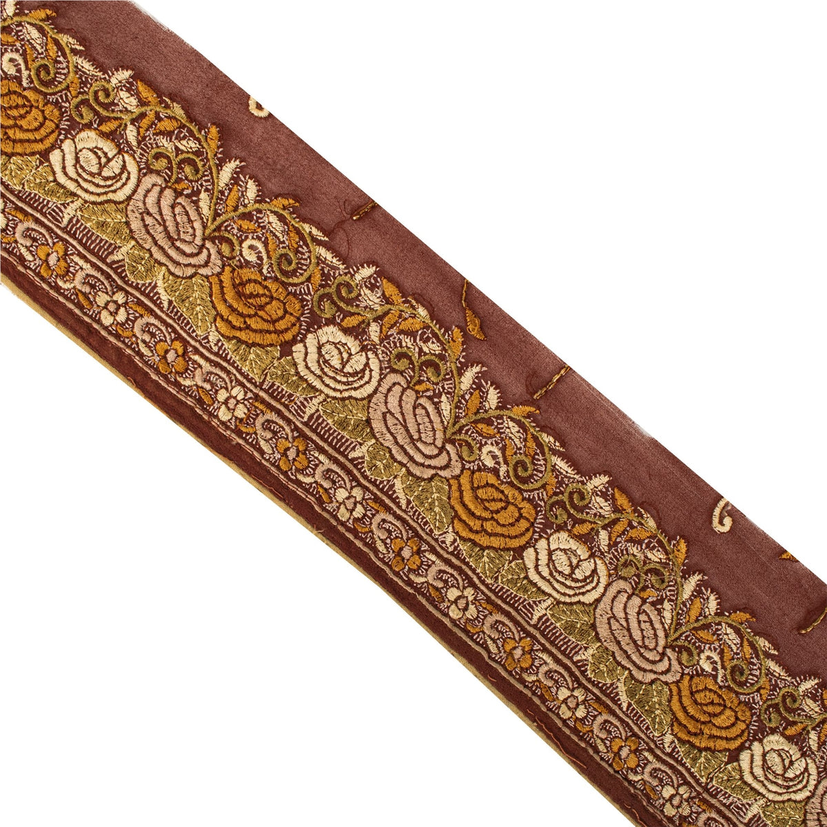 Sanskriti Vintage Embroidered 1 Yd Sari Border Pure Silk Trim Brown Lace Ribbon