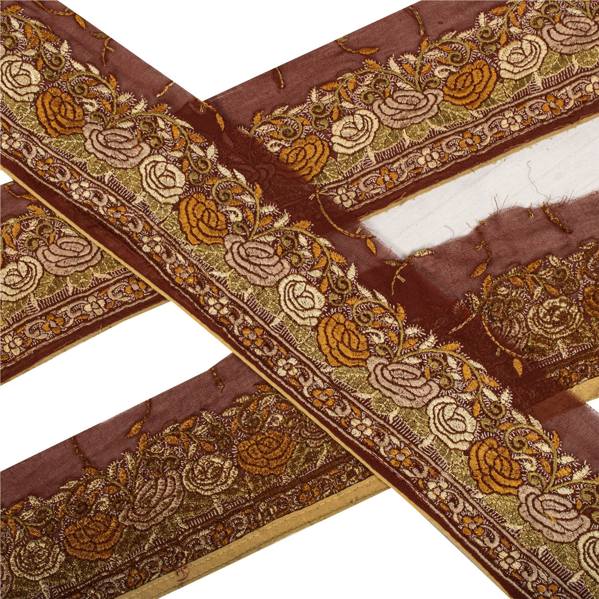 Sanskriti Vintage Embroidered 1 Yd Sari Border Pure Silk Trim Brown Lace Ribbon
