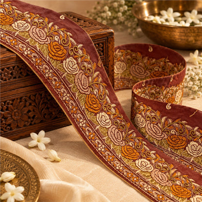 Sanskriti Vintage Embroidered 1 Yd Sari Border Pure Silk Trim Brown Lace Ribbon