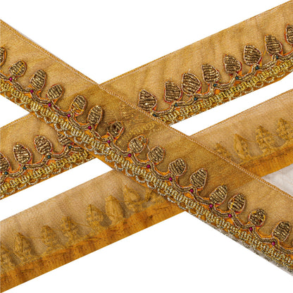 Sanskriti Vintage Hand Embroidered 1 Yard Sari Border Pure Tissue Golden Lace