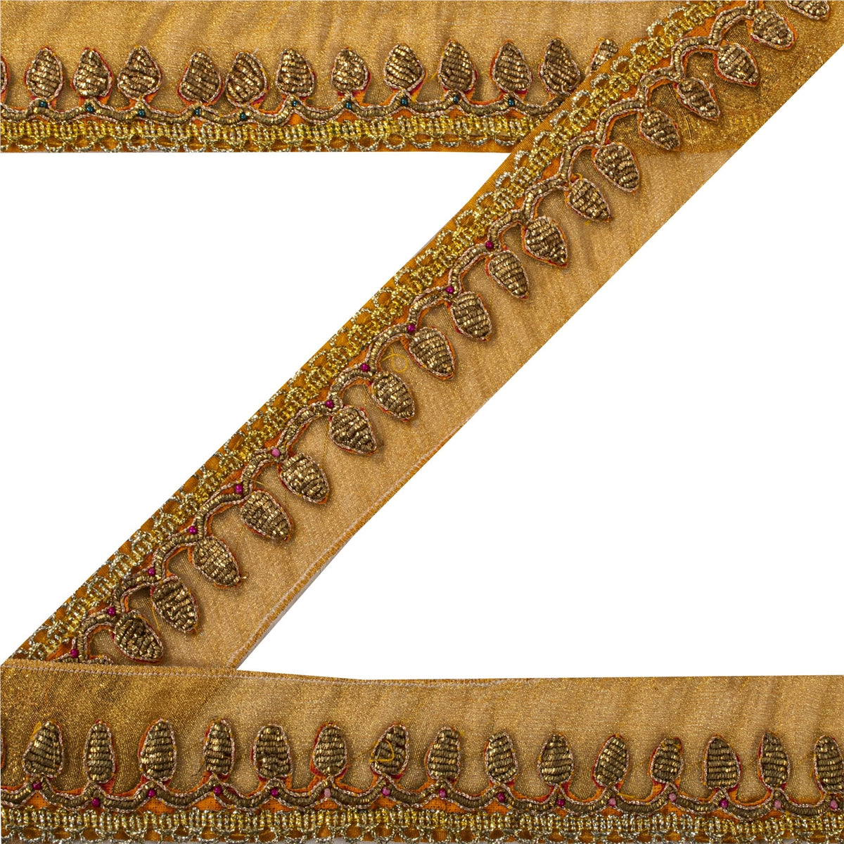 Sanskriti Vintage Hand Embroidered 1 Yard Sari Border Pure Tissue Golden Lace