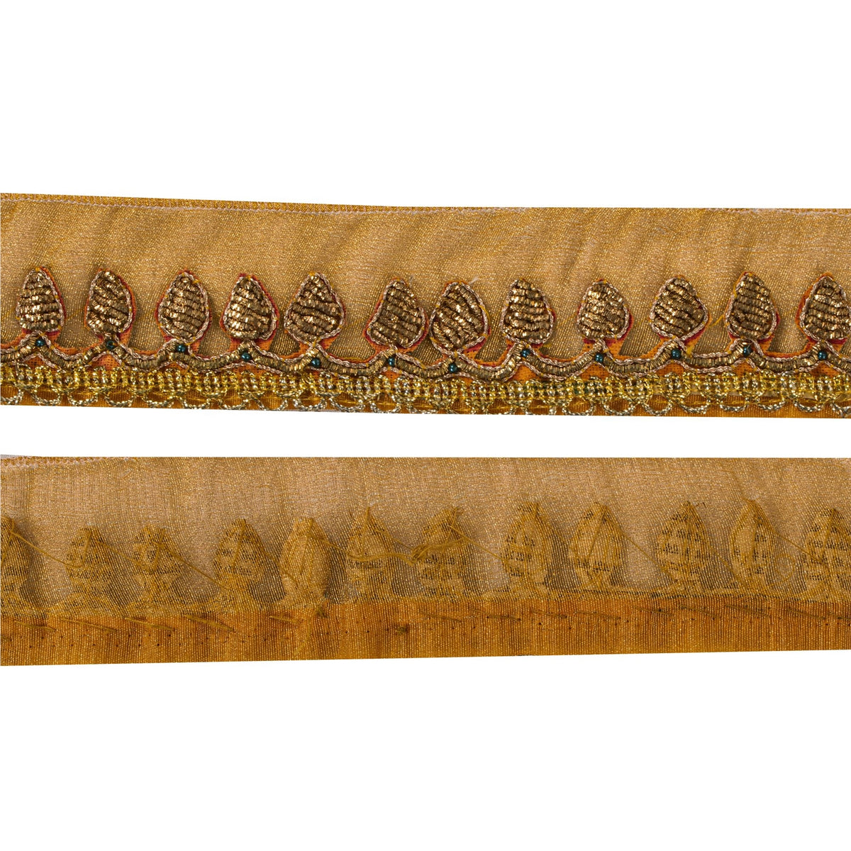 Sanskriti Vintage Hand Embroidered 1 Yard Sari Border Pure Tissue Golden Lace