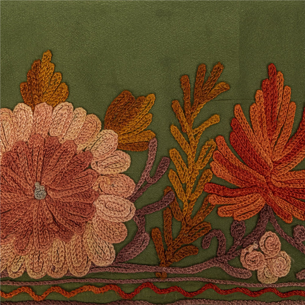 Sanskriti Vintage Kashmiri Ari Embroidered 1 Yd Sari Border Pure Silk Green Lace