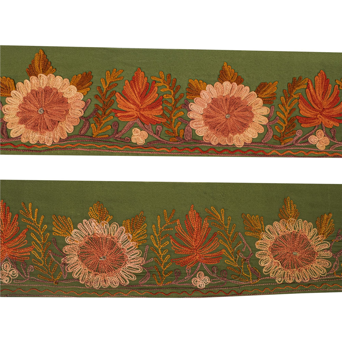 Sanskriti Vintage Kashmiri Ari Embroidered 1 Yd Sari Border Pure Silk Green Lace