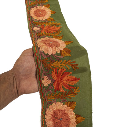 Sanskriti Vintage Kashmiri Ari Embroidered 1 Yd Sari Border Pure Silk Green Lace