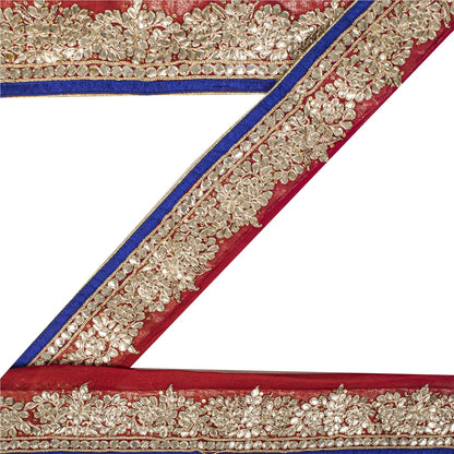 Sanskriti Vintage Hand Embroidered Gota Patti 1Yd Sari Border Red Georgette Lace
