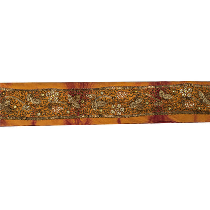 Sanskriti Vintage Hand Embroidered 1 Yd Sari Border Pure Silk Saffron Craft Lace