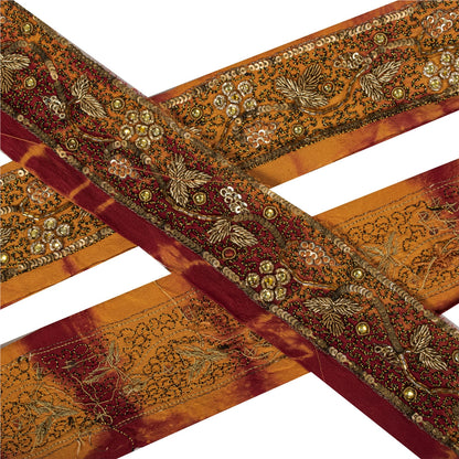 Sanskriti Vintage Hand Embroidered 1 Yd Sari Border Pure Silk Saffron Craft Lace