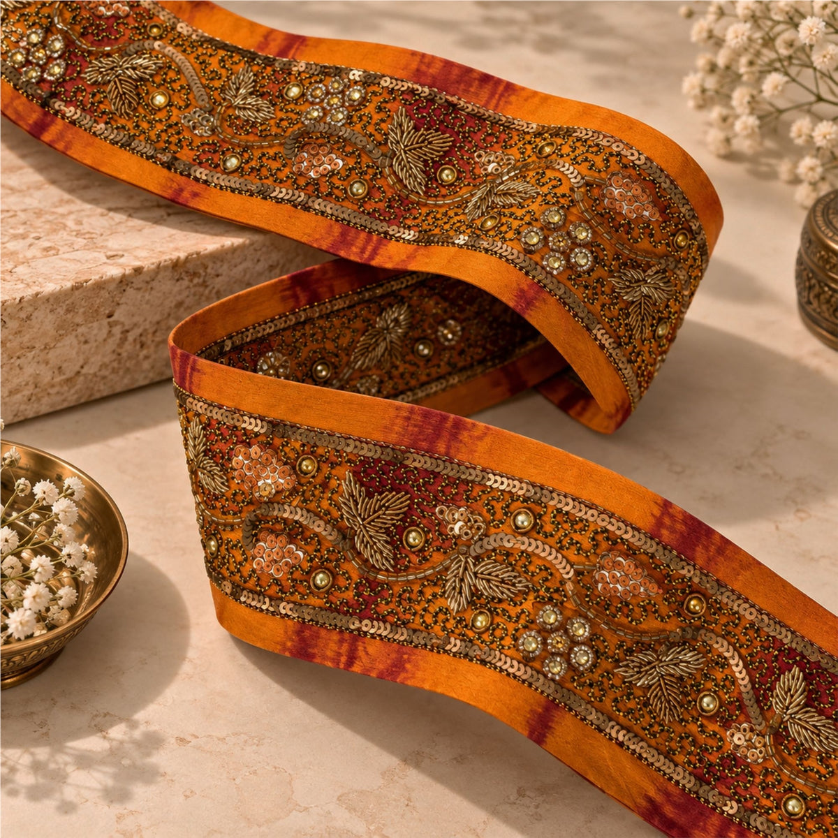 Sanskriti Vintage Hand Embroidered 1 Yd Sari Border Pure Silk Saffron Craft Lace