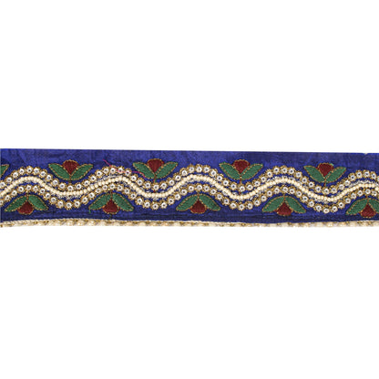 Sanskriti Vintage Hand Beaded 1 Yard Sari Border Art Silk Blue Ribbon Craft Lace