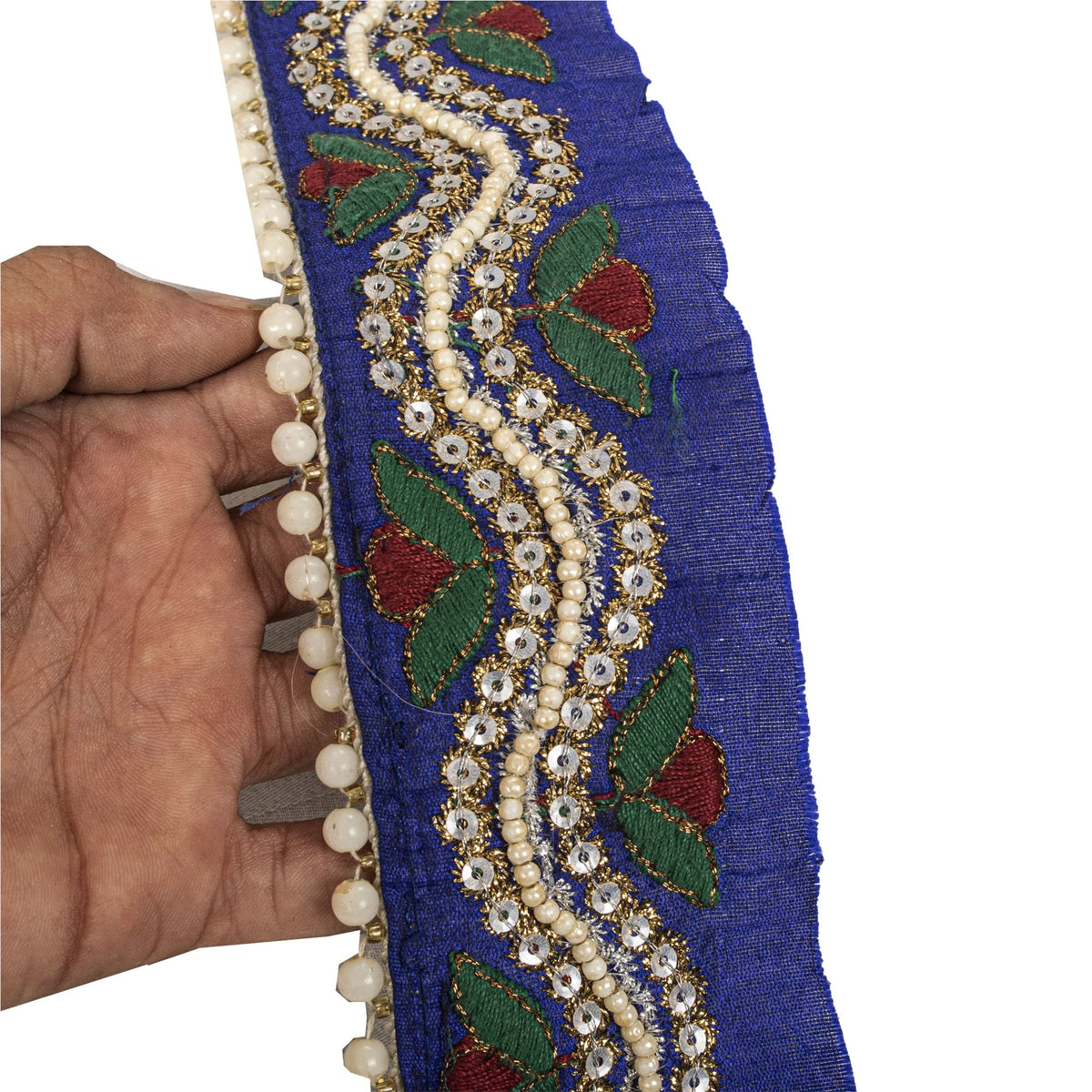 Sanskriti Vintage Hand Beaded 1 Yard Sari Border Art Silk Blue Ribbon Craft Lace