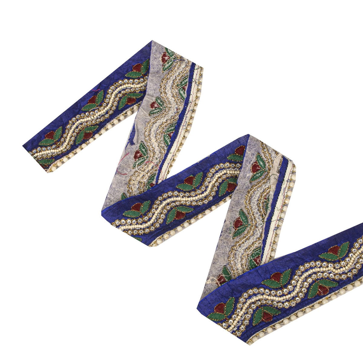 Sanskriti Vintage Hand Beaded 1 Yard Sari Border Art Silk Blue Ribbon Craft Lace
