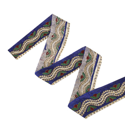 Sanskriti Vintage Hand Beaded 1 Yard Sari Border Art Silk Blue Ribbon Craft Lace