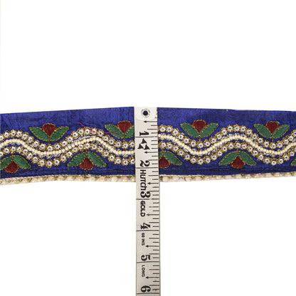 Sanskriti Vintage Hand Beaded 1 Yard Sari Border Art Silk Blue Ribbon Craft Lace