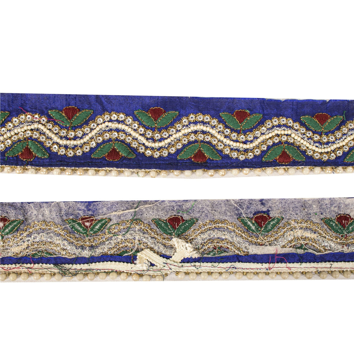 Sanskriti Vintage Hand Beaded 1 Yard Sari Border Art Silk Blue Ribbon Craft Lace