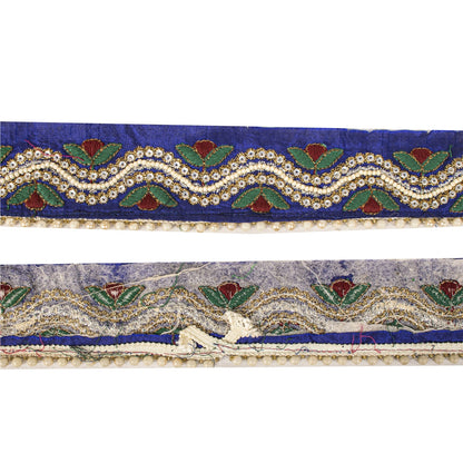 Sanskriti Vintage Hand Beaded 1 Yard Sari Border Art Silk Blue Ribbon Craft Lace
