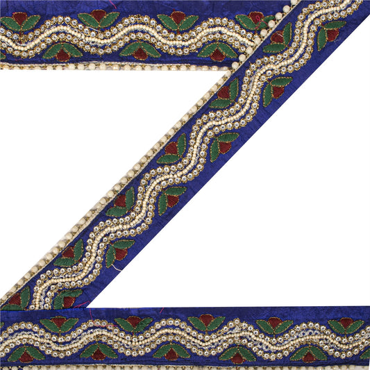 Sanskriti Vintage Hand Beaded 1 Yard Sari Border Art Silk Blue Ribbon Craft Lace