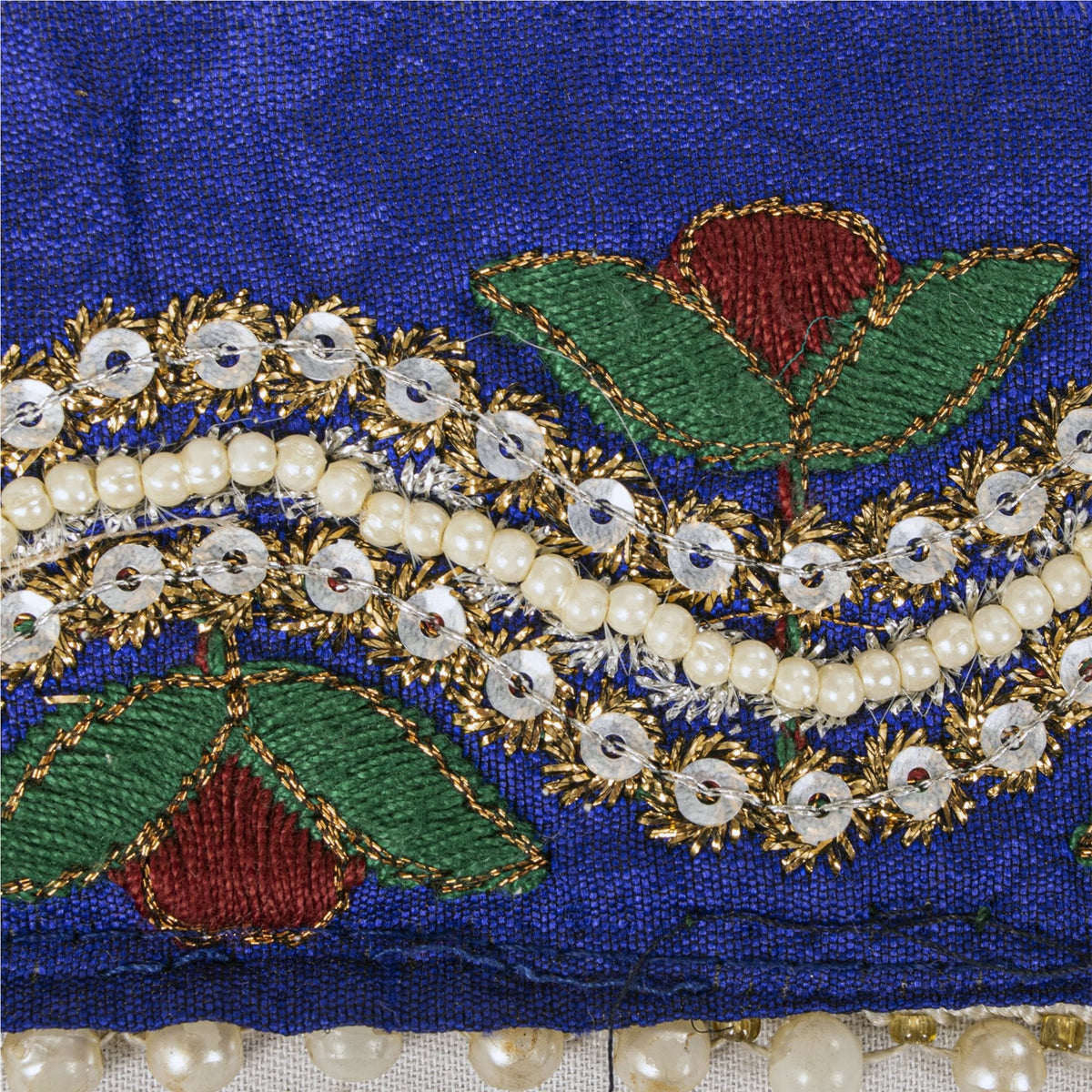 Sanskriti Vintage Hand Beaded 1 Yard Sari Border Art Silk Blue Ribbon Craft Lace