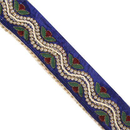 Sanskriti Vintage Hand Beaded 1 Yard Sari Border Art Silk Blue Ribbon Craft Lace