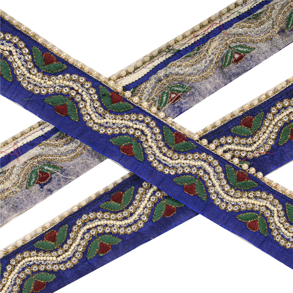 Sanskriti Vintage Hand Beaded 1 Yard Sari Border Art Silk Blue Ribbon Craft Lace